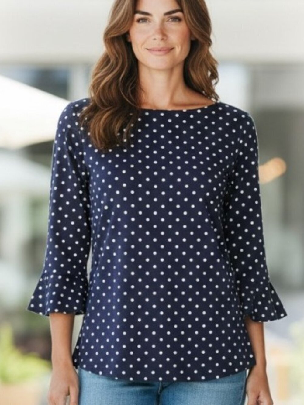 Lauren Ralph Lauren Women's Top Navy White Polka Dot 3/4 Bell Sleeves Large NWOT